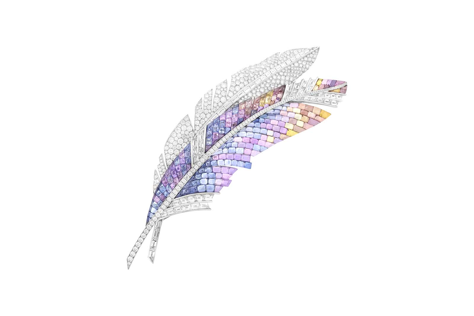 Van Cleef & Arpels ‘Panache Mystérieux’ clip from ‘The Three Feathers’ line of the 'Quatre Contes de Grimm' collection with Vitrail Mystery Set™ coloured sapphires and diamonds in 18k white gold