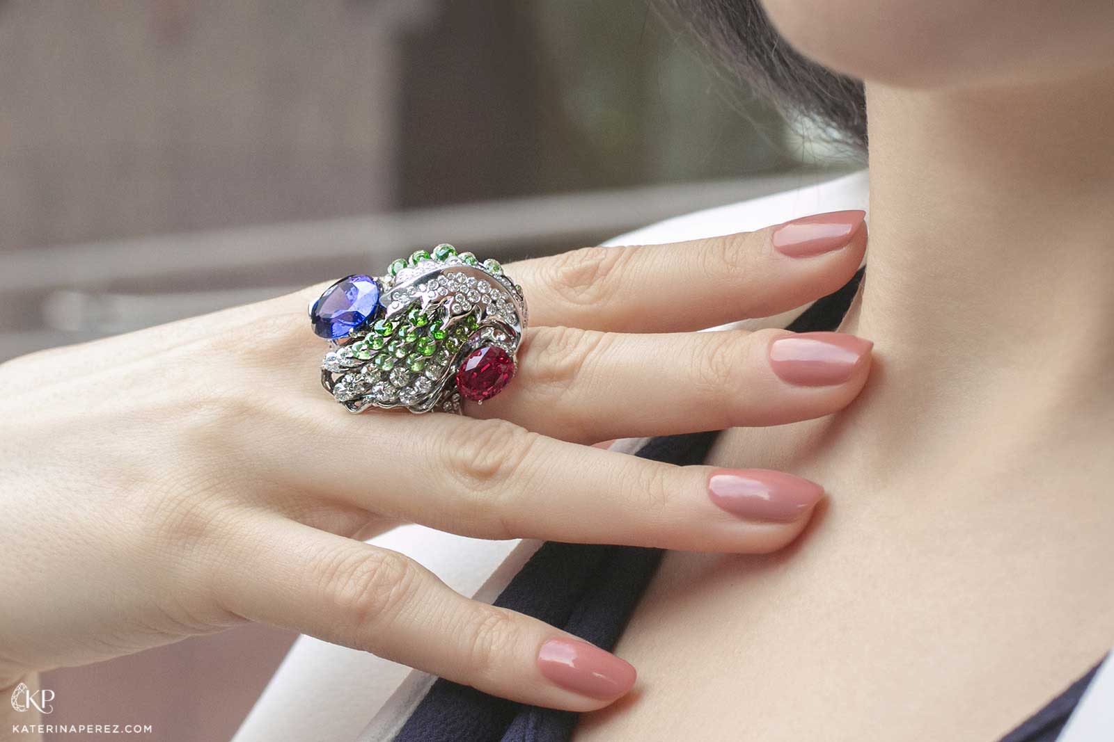 Moiseikin Firebird Feather 'Waltzing Brilliance®' ring with tanzanite, spinel, demantoids, sapphires and diamonds in 18k white gold
