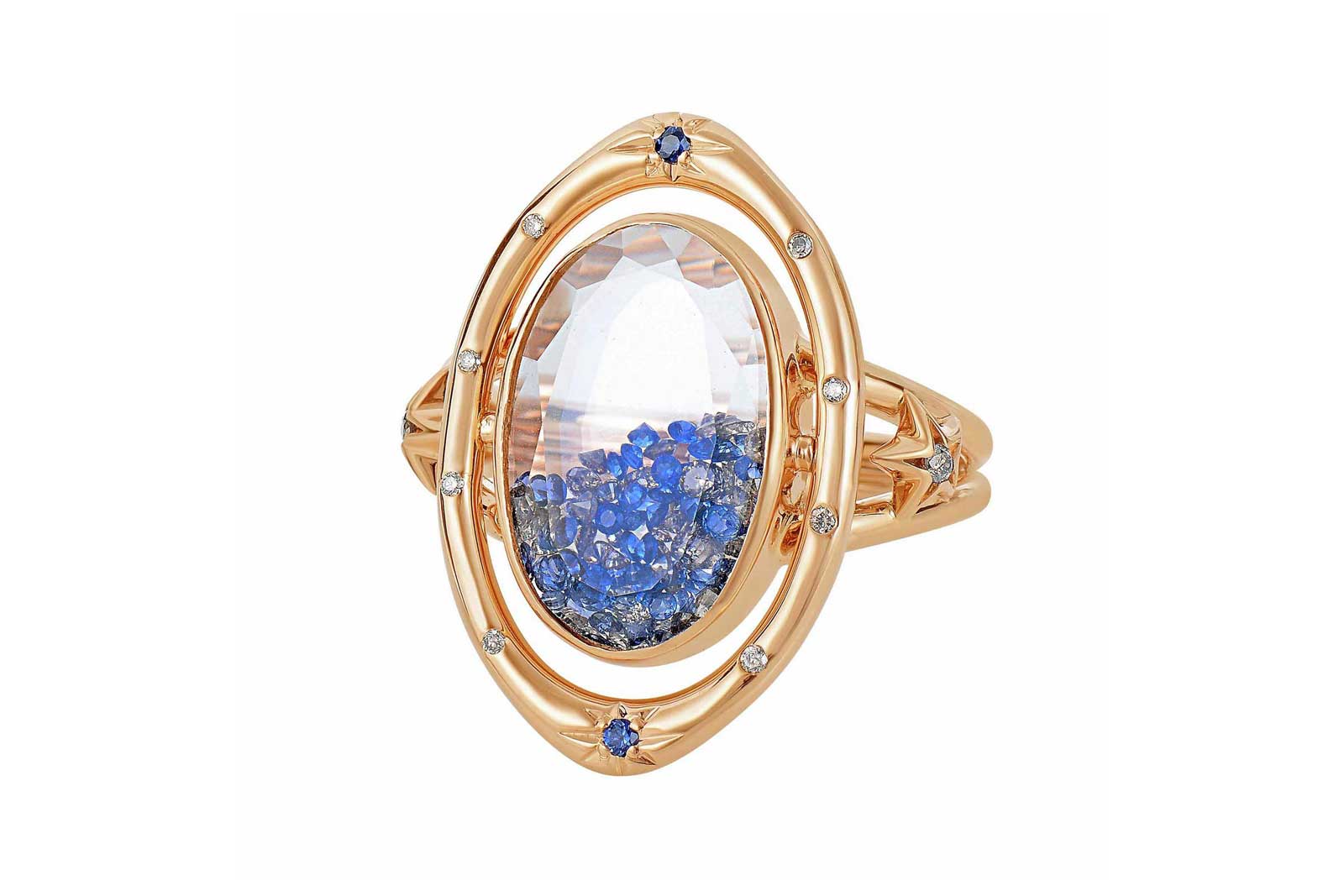 Moritz Glik ring with sapphires and champagne diamonds enclosed between two white sapphires, set in 18k rose gold
