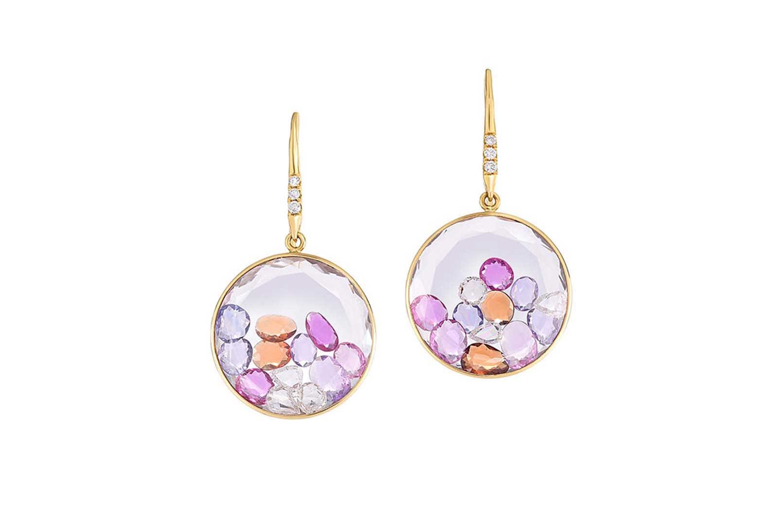  Moritz Glik earrings with sapphires, tourmalines and diamonds enclosed between two white sapphires, set in 18k yellow gold