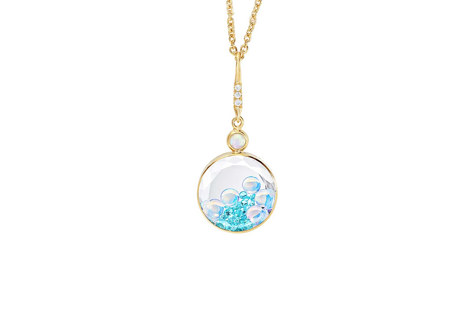  Moritz Glik pendant necklace with Paraiba tourmaline, opals and diamonds enclosed between two white sapphires, set in 18k yellow gold