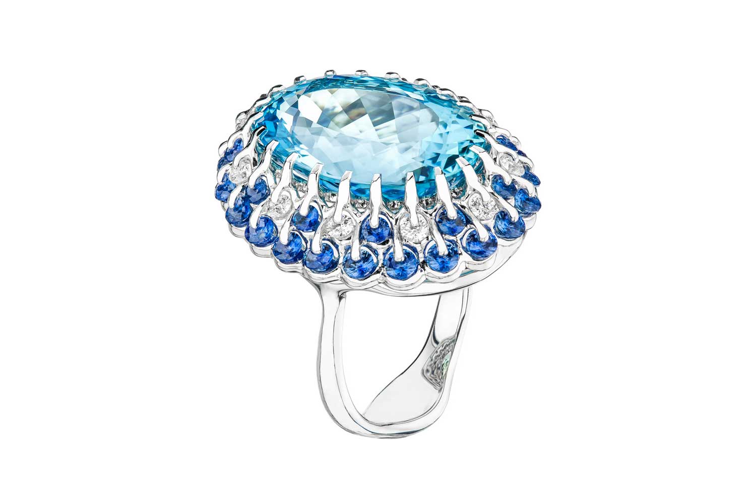  Moiseikin Firebird Feather 'Waltzing Brilliance®' ring with Paraiba tourmaline, sapphires and diamonds in 18k white gold
