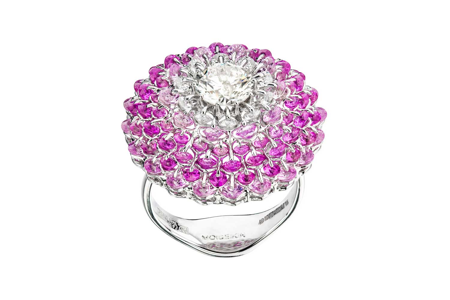  Moiseikin Firebird Feather 'Waltzing Brilliance®' ring with pink sapphires and diamonds in 18k white gold