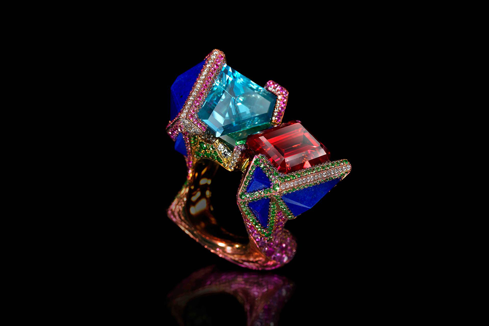 Wallace Chan 'My dreams' ring with 11.56ct tourmaline and a 9.93ct aquamarine, lapis lazuli, diamonds, tsavorite garnets, and pink sapphires in titanium