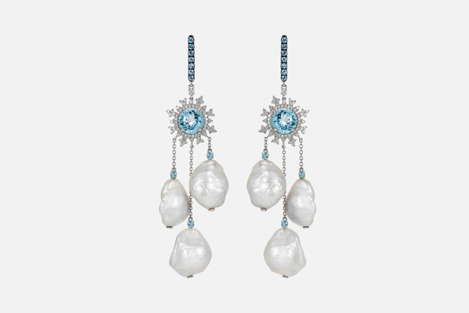  Nadine Aysoy 'Tsarina' earrings with baroque pearl, blue topaz and diamonds in 18k white gold 