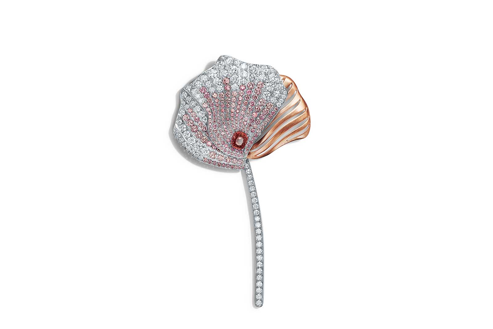  Tiffany&Co. brooch with more than 3ct cushion cut orange sapphire, pink diamonds and colourless diamonds in platinum and 18k rose gold 
