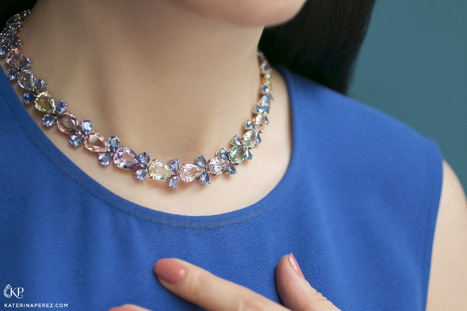 Renelle necklace with a total of 115ct unheated green, pink, purple, yellow and blue sapphires