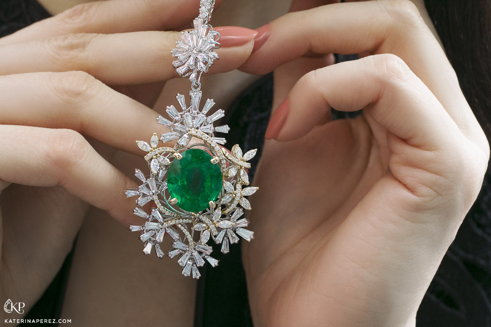 Caratell pendant necklace with 13ct Ethopian emerald and diamonds in 18k white and yellow gold
