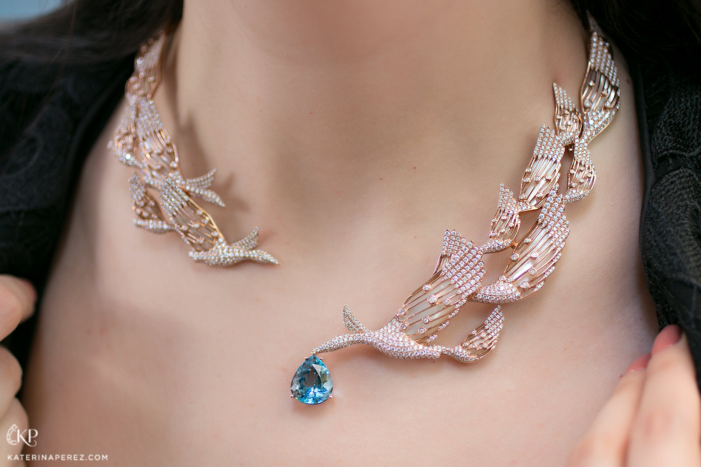 Simone Jewels 'Paradiso' necklace with 7.60ct pear cut Santa Maria aquamarine,  diamonds and mother-of-pearl in 18k rose gold