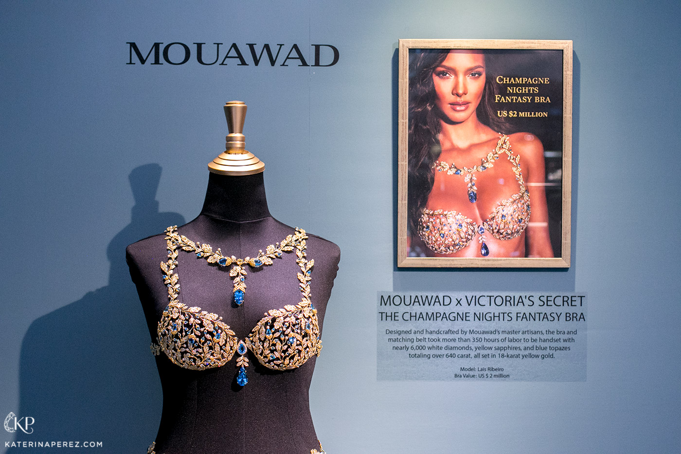 Mouawad 'Champagne Nights Fantasy Bra' for Victoria's Secret with a total of over 640 carats of blue topazes, yellow sapphires and colourless diamonds in 18k yellow gold