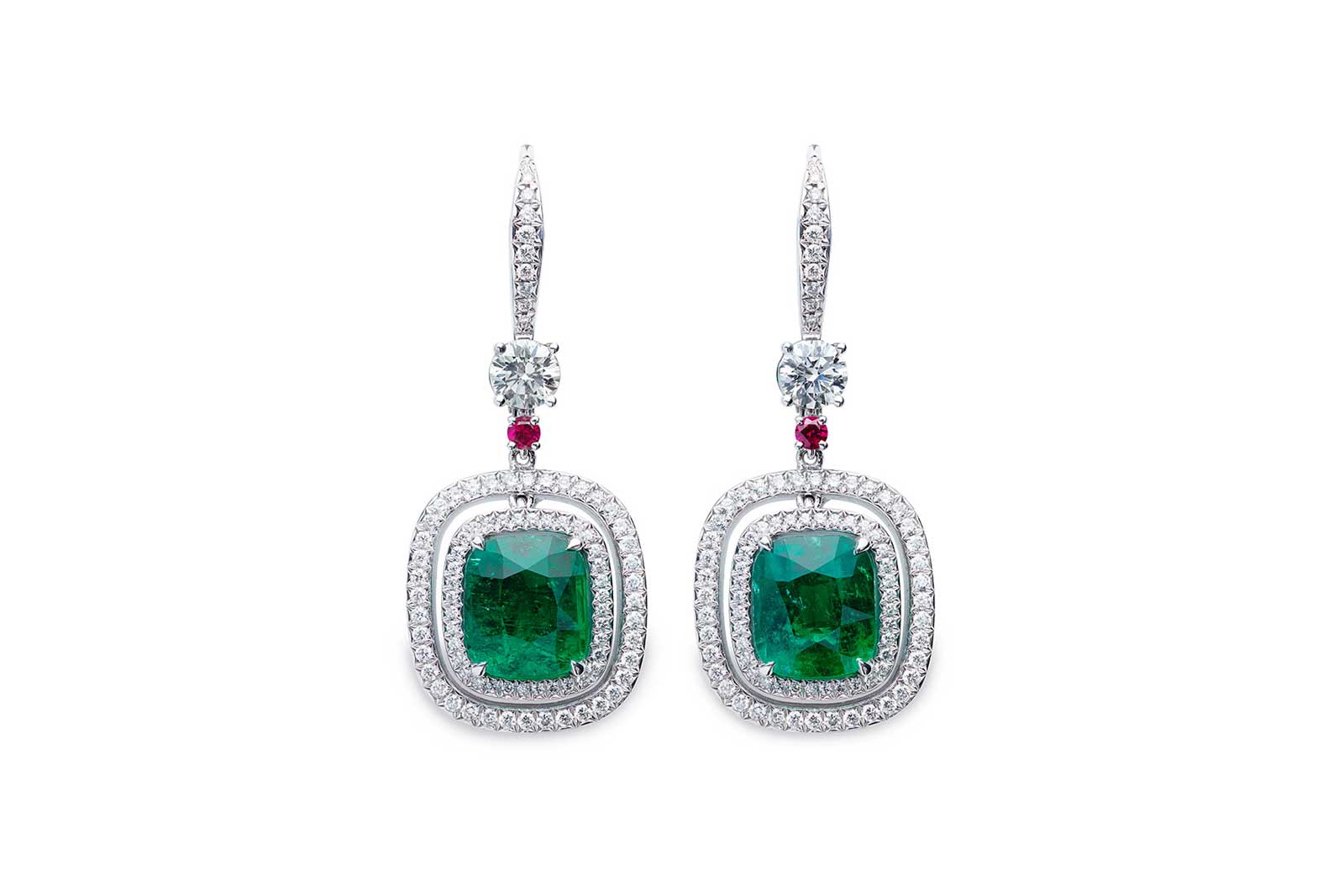  Gübelin ‘Glowing Ember’ earrings with  Colombian 2.35ct and 2.14ct emeralds, diamonds and signature ruby accent 