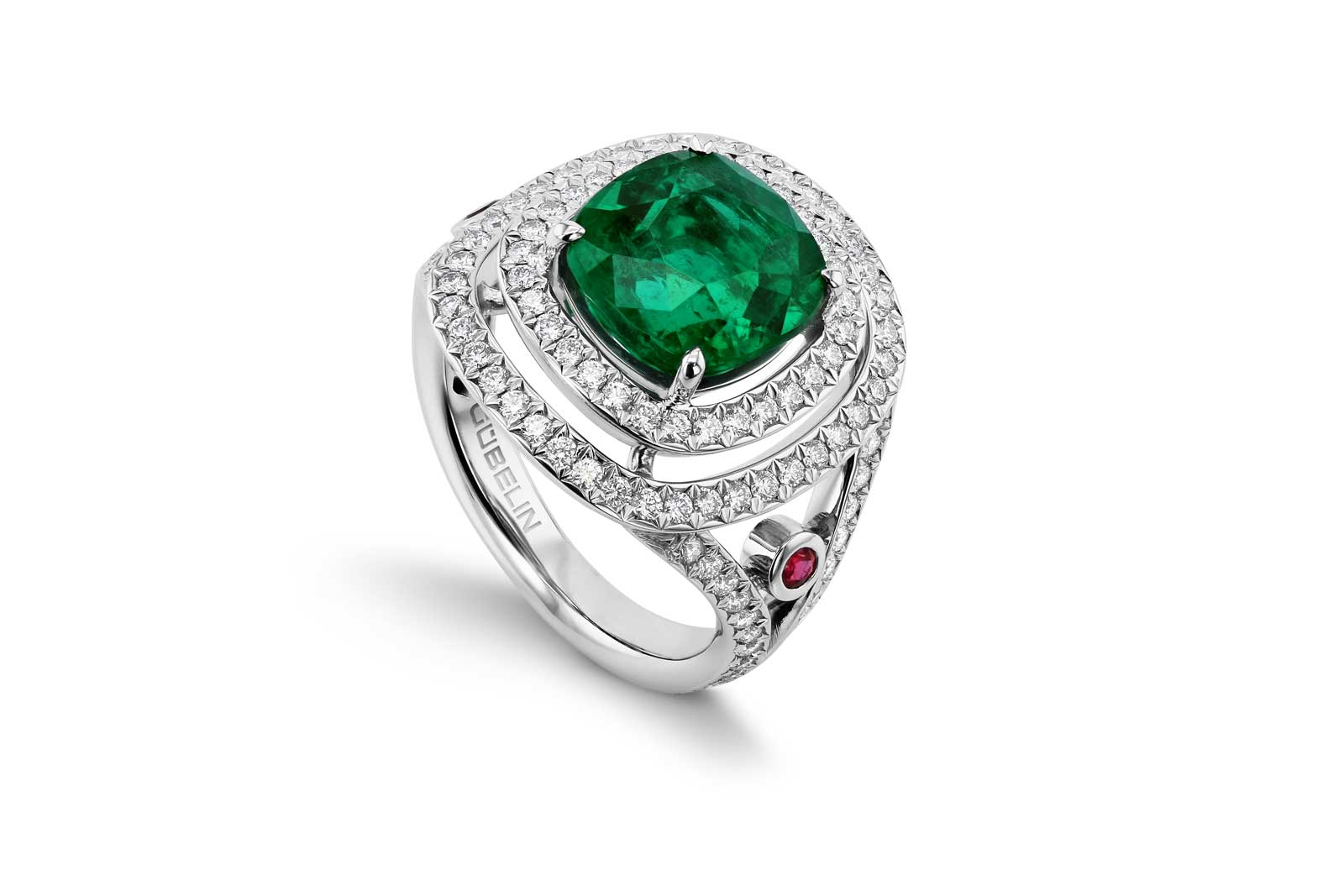 Gübelin ‘Glowing Ember’ ring with Colombian 2.46ct emerald, diamonds and signature ruby accent 
