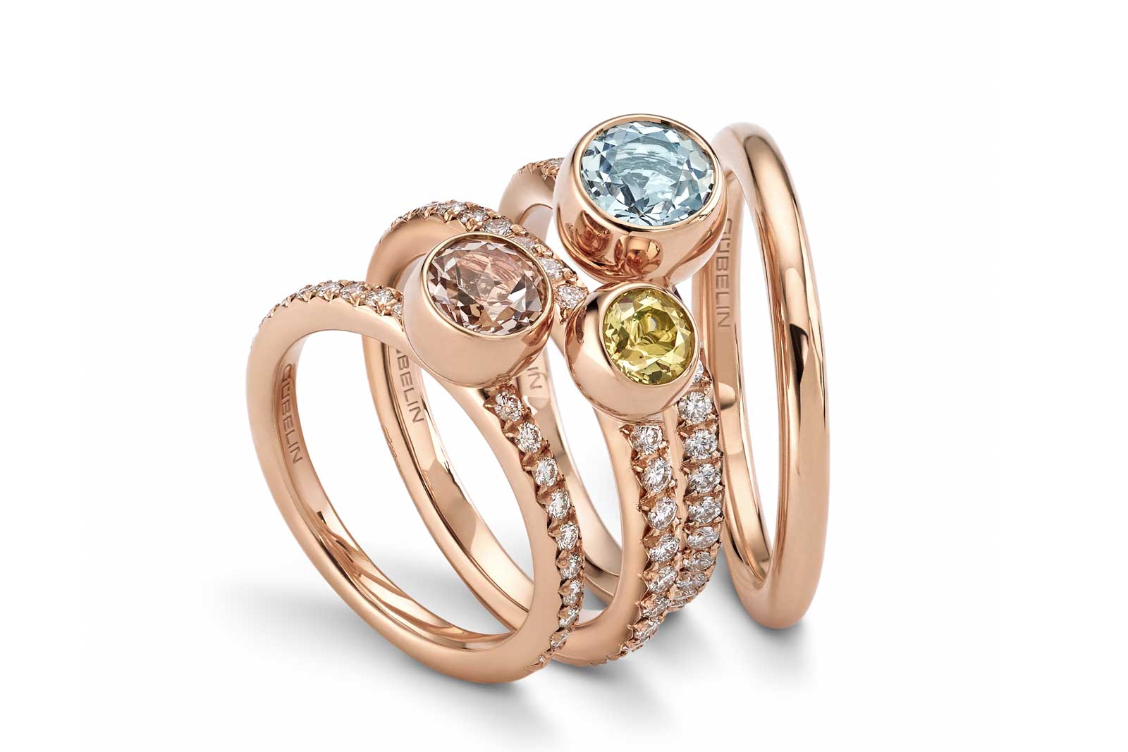  Gübelin 'Sparks of Fire' rings with morganite, yellow beryl, aquamarine and diamonds