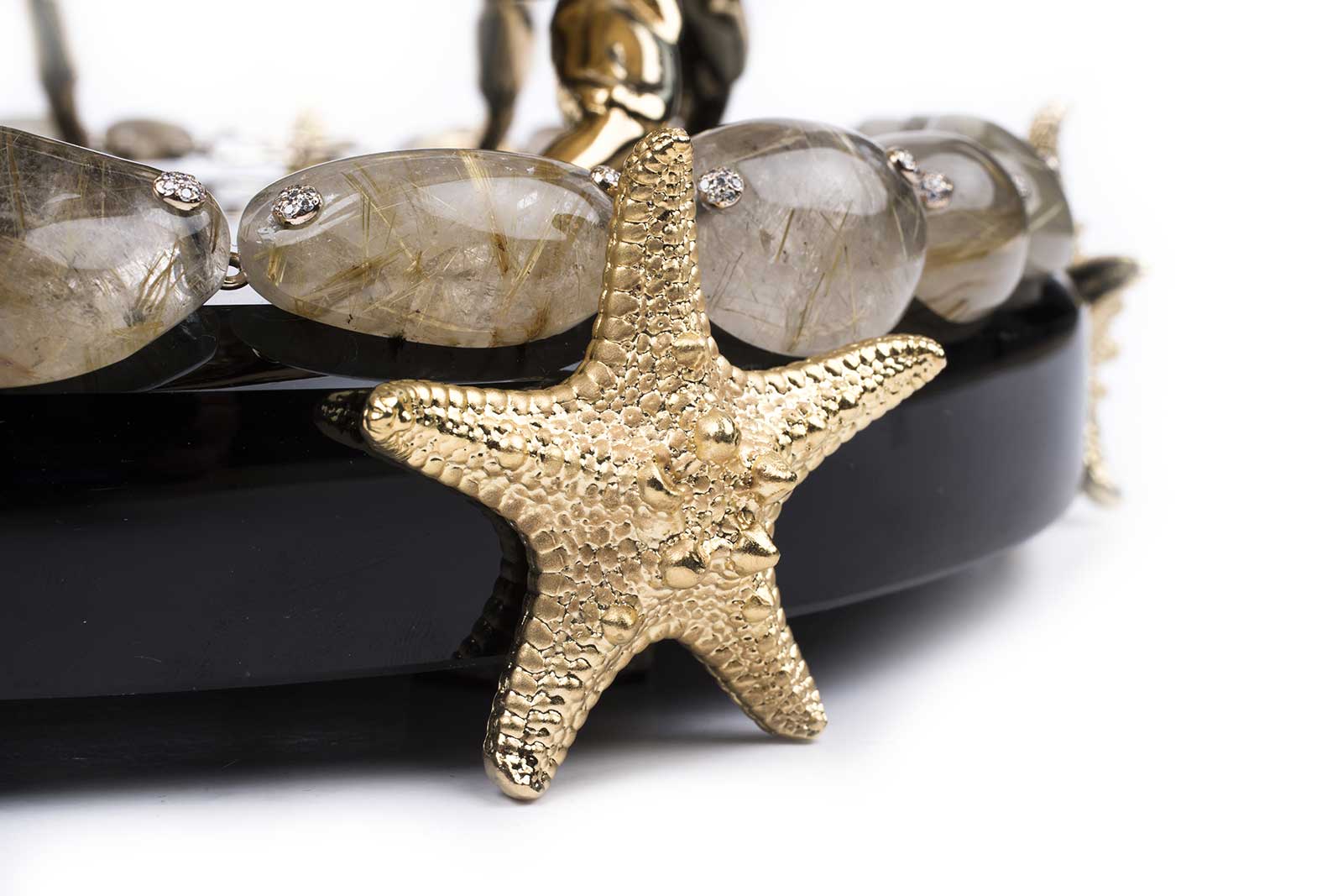  L’Aquart ‘The Crab Prince’ in hand carved Brazilian golden rutilated quartz, gold and diamonds, and ‘Principe’ crab body clutch bag with obsidian