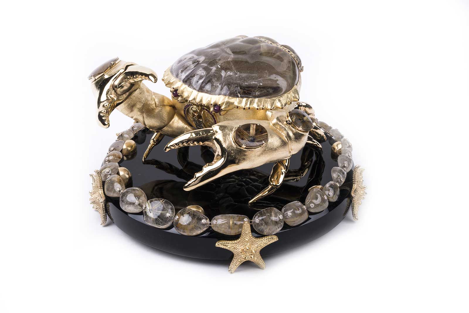 L’Aquart ‘The Crab Prince’ in hand carved Brazilian golden rutilated quartz, gold and diamonds, in obsidian