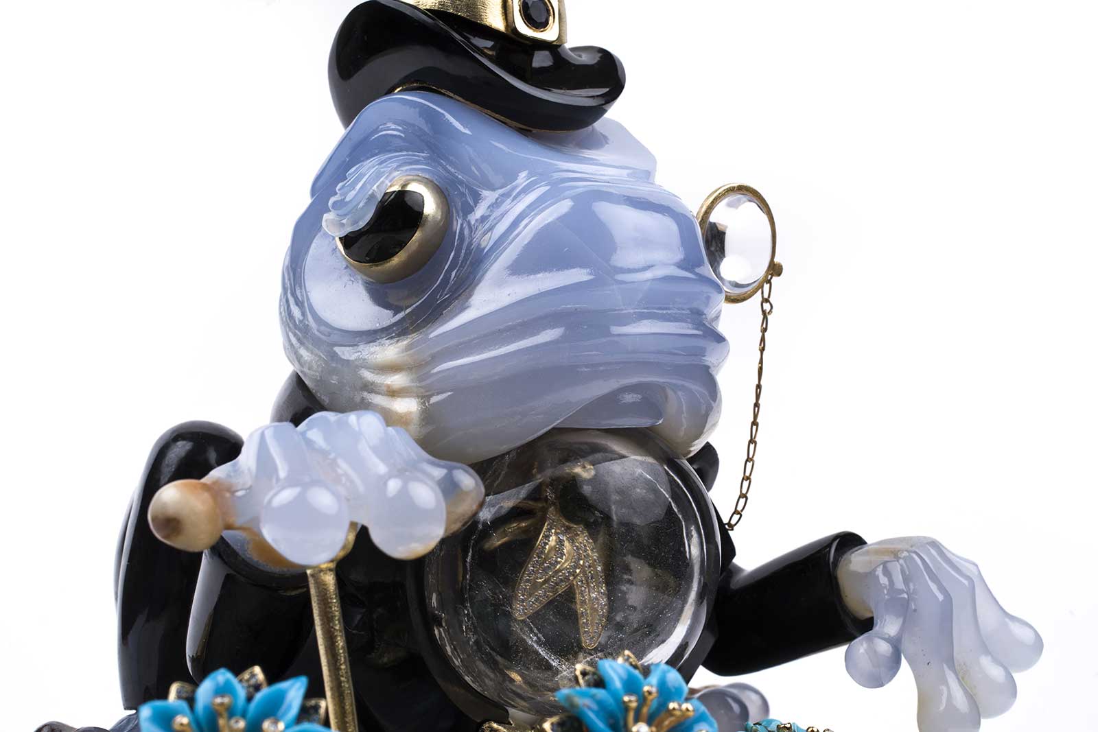  L’Aquart ‘Never Kissed Prince Frog’ in chalcedony, obsidian and gold vermeil with ‘Lily’ ring and earrings in turquoise, diamonds, amethyst and gold, ‘Fly’ ring in tourmaline, diamonds and gold, and ‘Lips’ ring in pavé rubies and gold