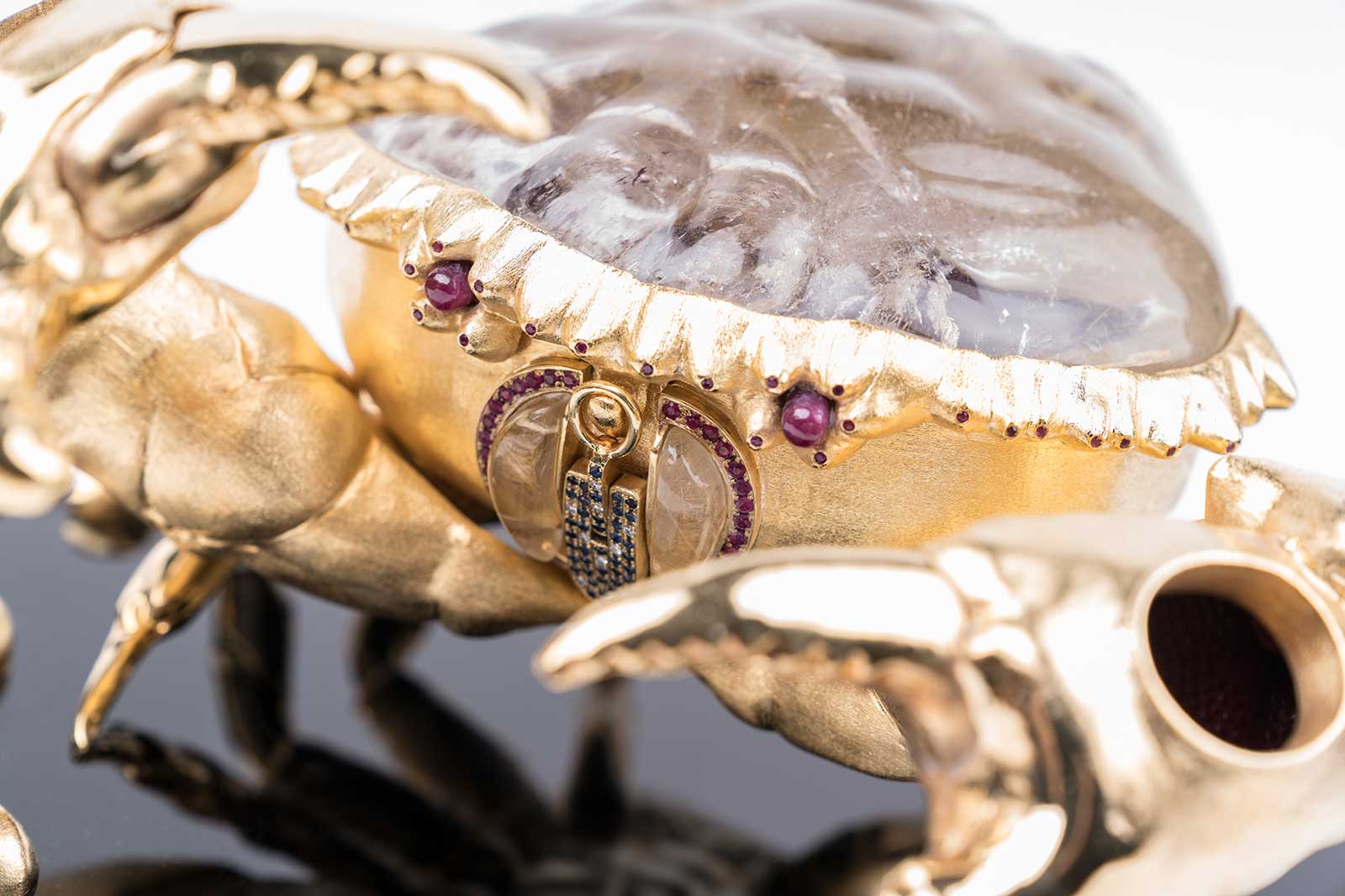 L’Aquart ‘The Crab Prince’ in hand carved Brazilian golden rutilated quartz, gold, diamonds, rubies, sapphires and obsidian