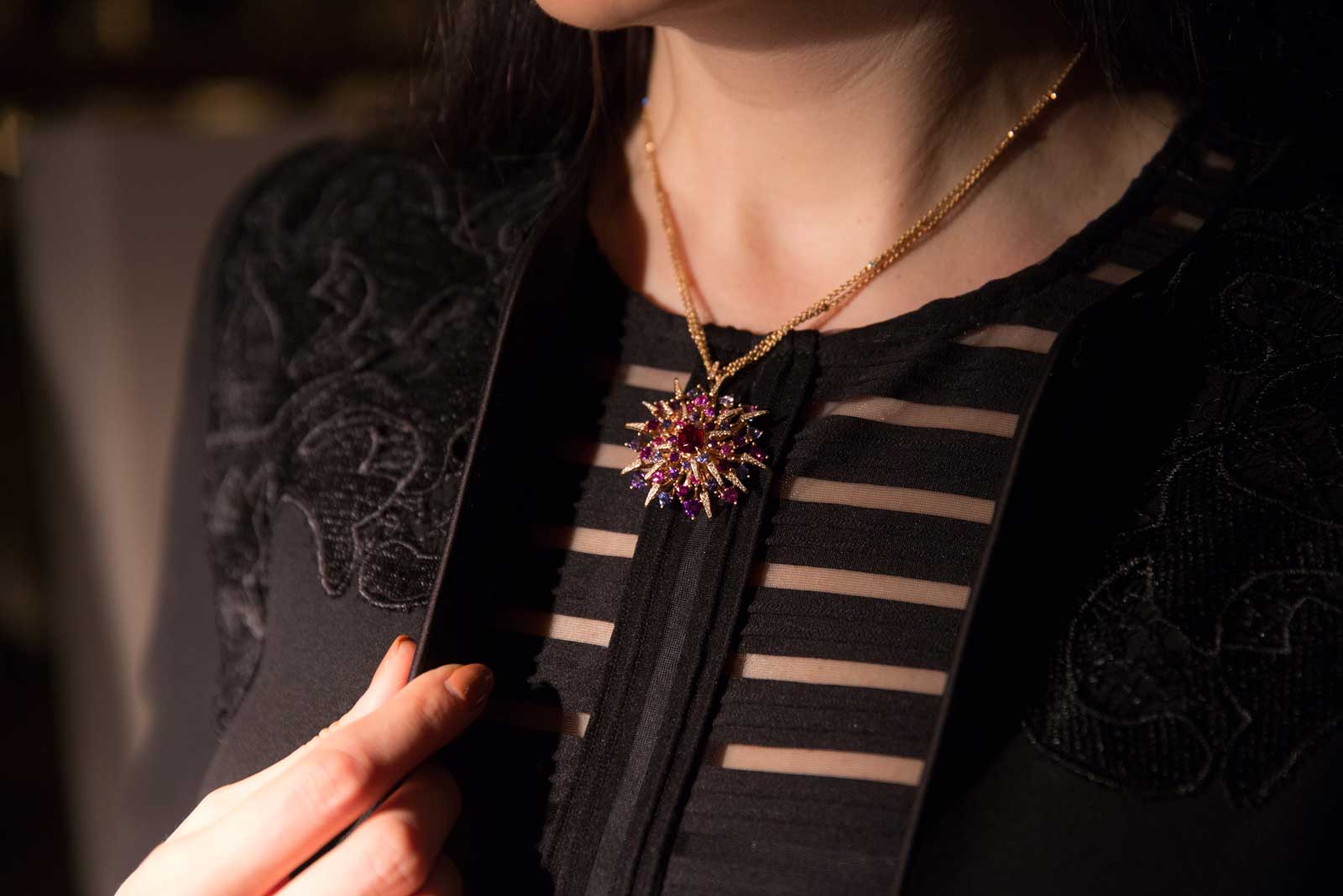 Gübelin 'Red Dahlia' transformable pendant necklace with oval cut 2.18ct Burmese ruby, trillion cut sapphires and brilliant cut diamonds