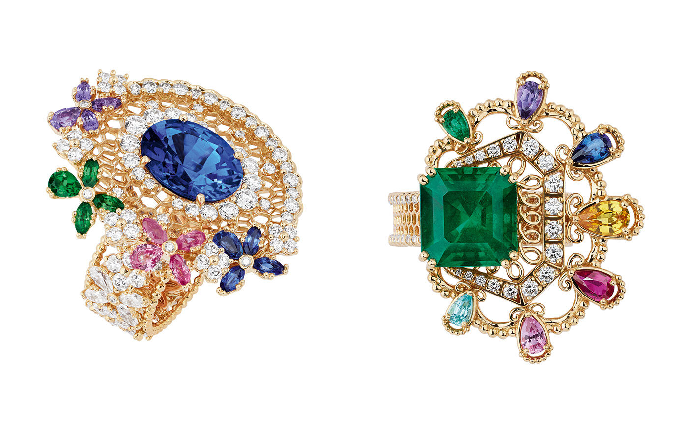  Dior 'Dentelle Popeline' ring with tanzanite, sapphires, purple sapphires, tsavorite garnets, pink sapphires and diamonds, and 'Dentelle Satin Émeraude' ring with emerald, yellow sapphire, sapphire, ruby, purple and pink sapphires, Paraiba tourmaline and diamonds