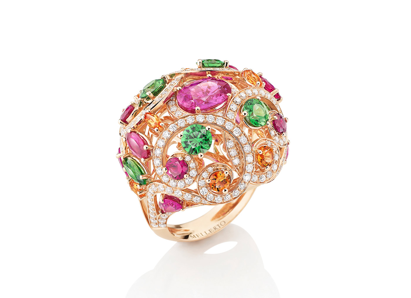  Mellerio dits Meller ‘Millerfiora’ ring from the 'Isola Bella' collection in pink sapphires, spessarite garnets, green tsavorites and diamonds