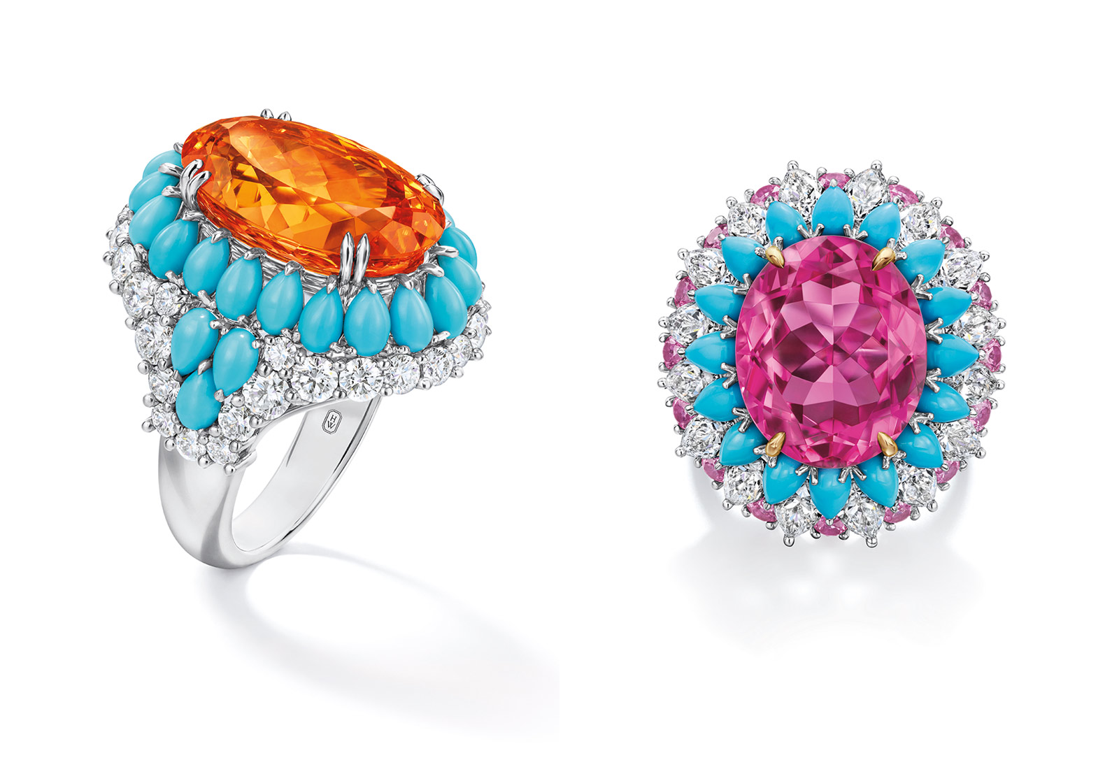 Harry Winston 'Winston Candy' ring with spessartite garnet, turquoise and diamonds, and with pink tourmaline, turquoise, pink sapphires and diamonds