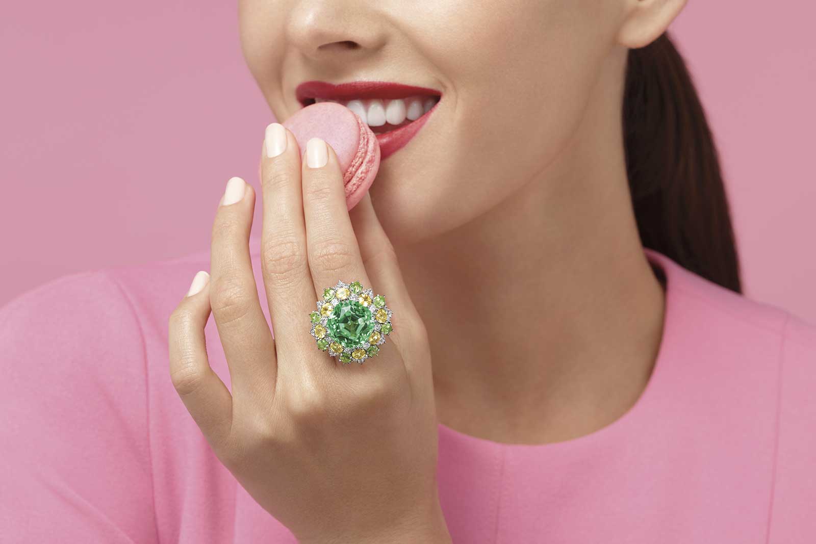 Harry Winston 'Winston Candy' ring with 19.67ct cushion cut green tourmaline, yellow sapphires, peridots and diamonds