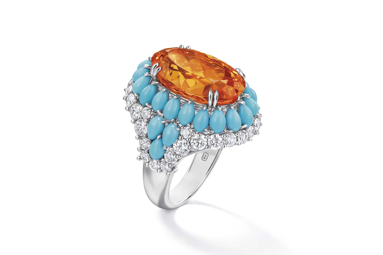  Harry Winston 'Winston Candy' ring with 16.69ct oval cut spessartite garnet, pear cut turquoise and diamonds 