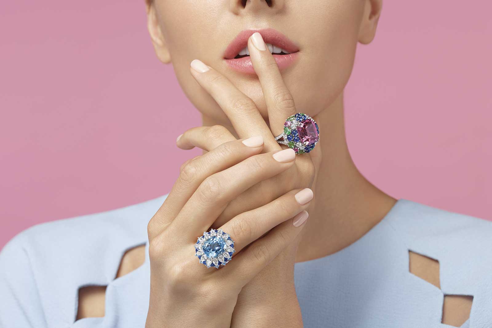 Harry Winston 'Winston Candy' rings (from left to right) with 5.48ct cushion cut aquamarine, sapphires, accenting aquamarines, and diamonds, and with emerald cut 17.48ct purplish pink spinel with tsavorite garnets, pink sapphires, blue sapphires and diamonds 