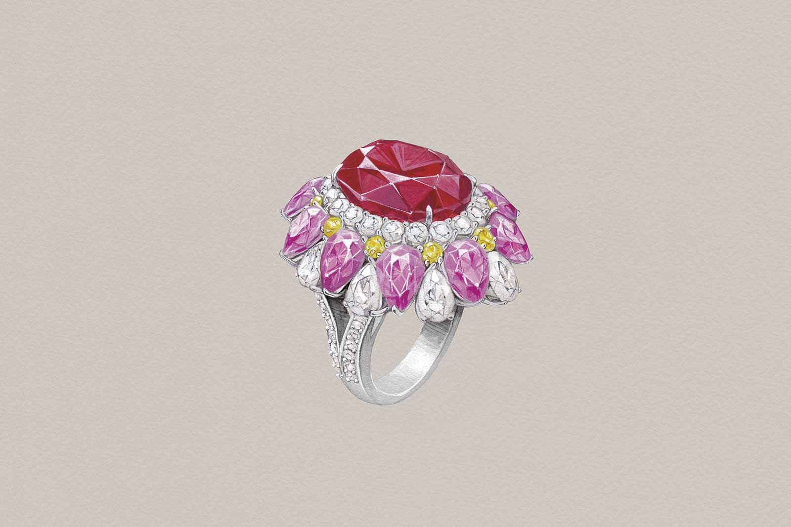 Harry Winston 'Winston Candy' ring with 16.32ct oval cut red spinel, yellow sapphires, pink sapphires, pear and round brilliant cut diamonds