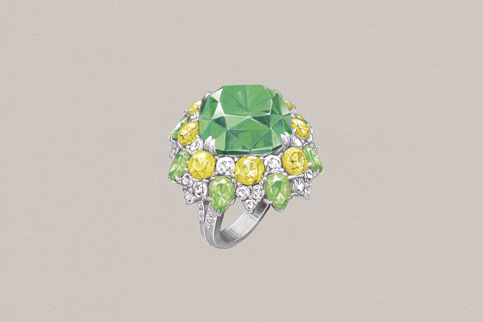 Harry Winston 'Winston Candy' ring with 19.67ct cushion cut green tourmaline, yellow sapphires, peridots and diamonds