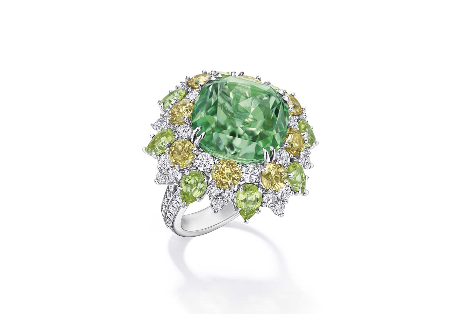  Harry Winston 'Winston Candy' ring with 19.67ct cushion cut green tourmaline, yellow sapphires, peridots and diamonds