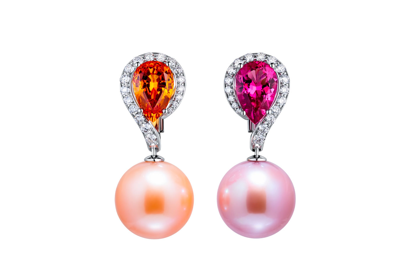  Ksenia Podnebesnaya earrings with freshwater pearls, spessartite garnet, rubellite and diamonds