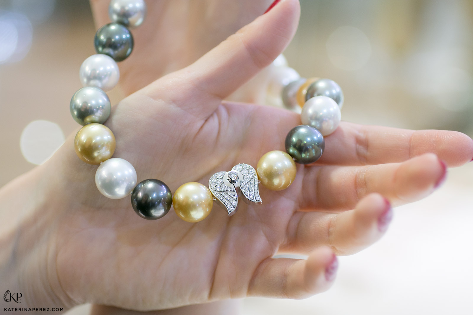 Ksenia Podnebesnaya necklace with South Sea and Tahitian pearls and diamond clasp