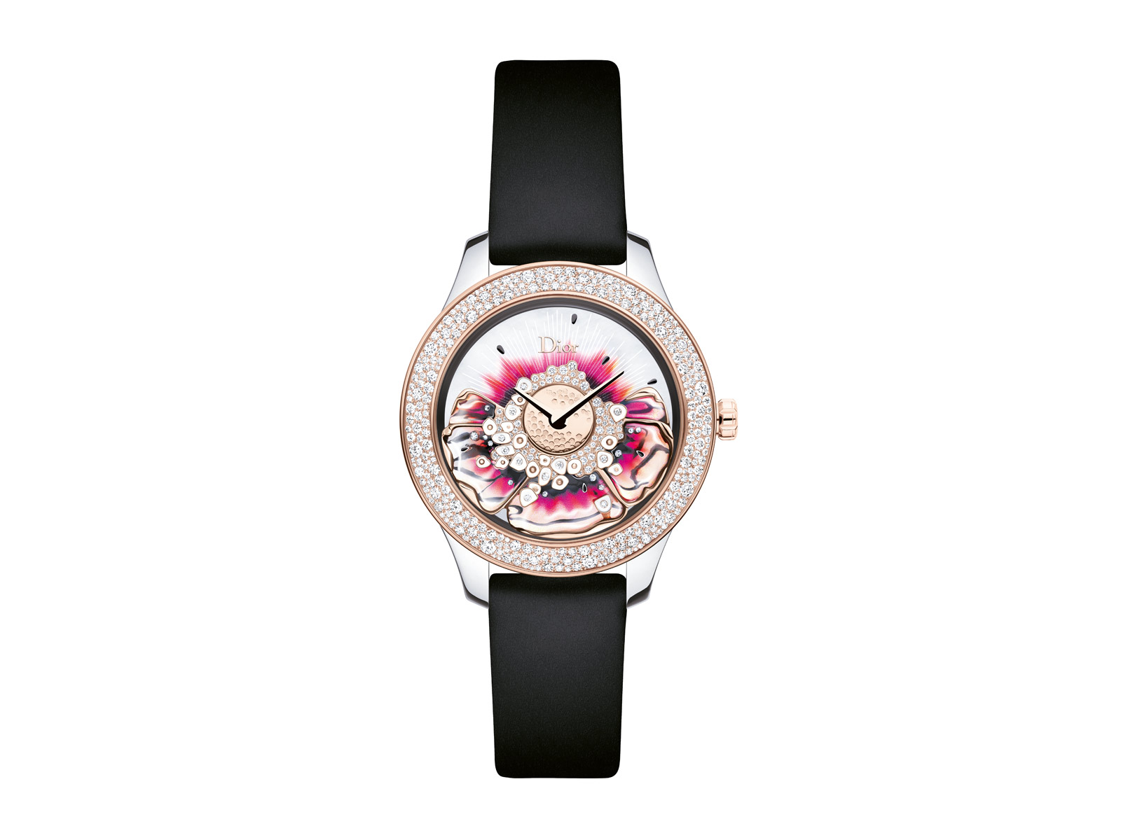  Dior ‘Miss Dior’ watch from the ‘Grand Bal’ collection with diamonds, lacquer, ceramic and 18k rose gold, and the ‘Dior Inversé 11 ½’ calibre automatic movement 