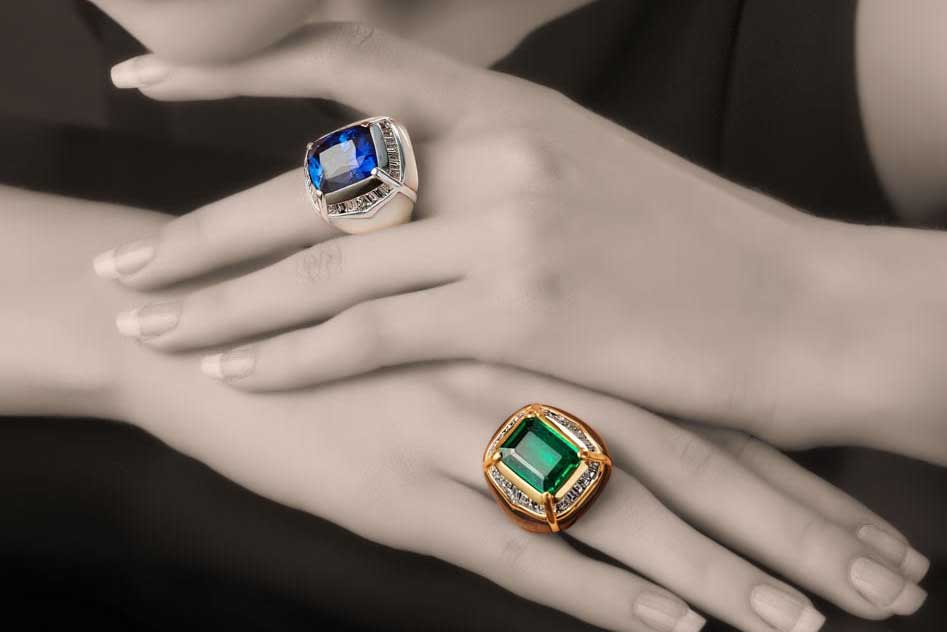 Veschetti cocktail rings with mother of pearl inlay, cushion cut sapphire and diamonds, and step cut emerald with diamonds in yellow gold