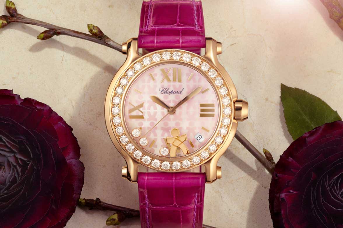 Chopard 'Educate a Child' watch with a diamond bezel, mother of pearl dial, 'floating' diamond and 18k rose gold accents and settings
