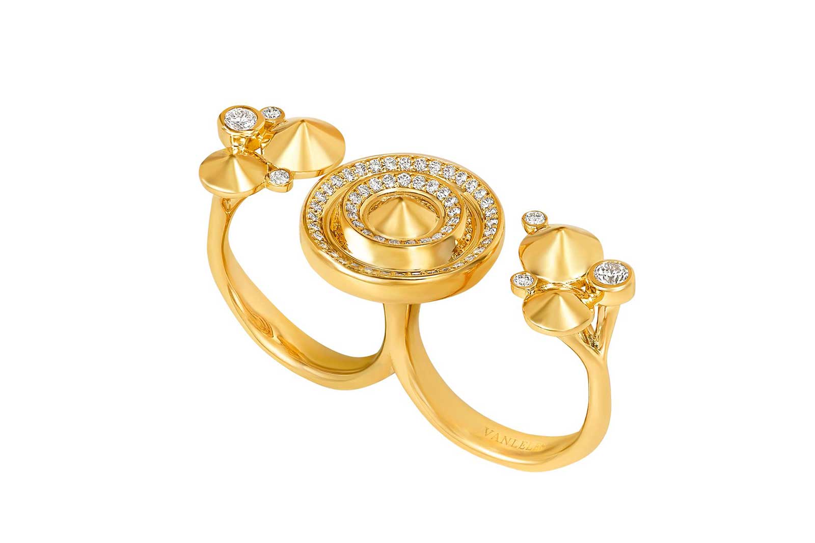  Vanleles 'Sahara' collection double ring with diamonds in 18k yellow gold