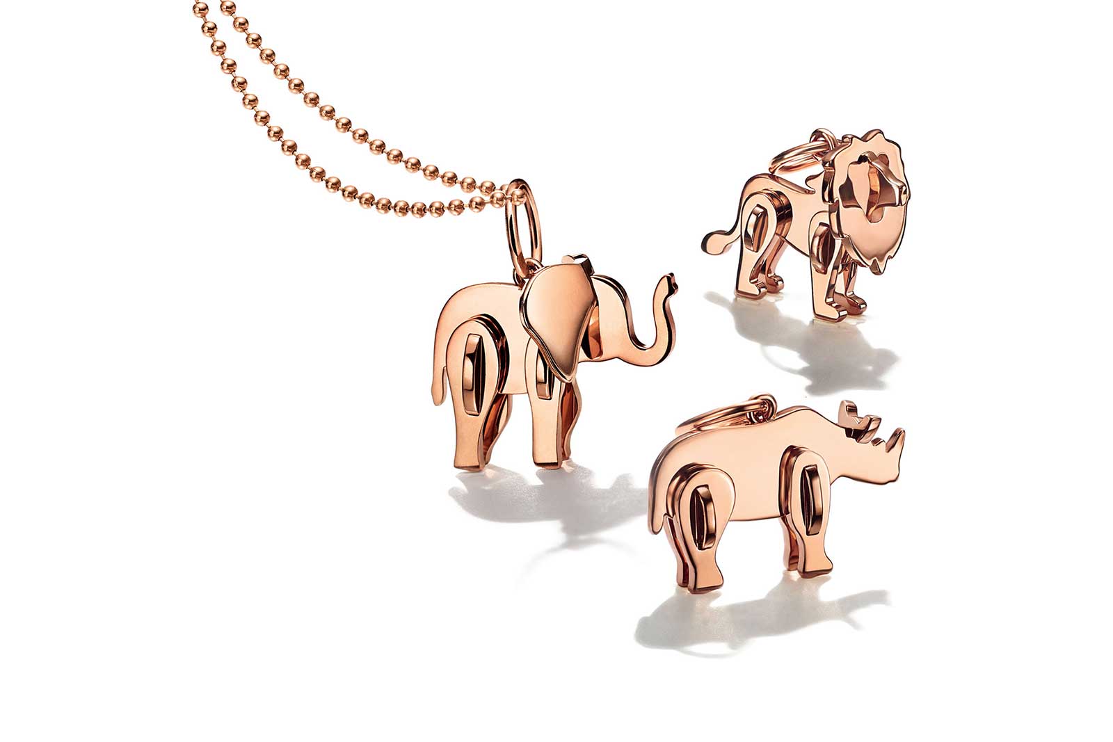  Tiffany&Co. 'Save the Wild' elephant, lion and rhino charms in 18k rose gold 