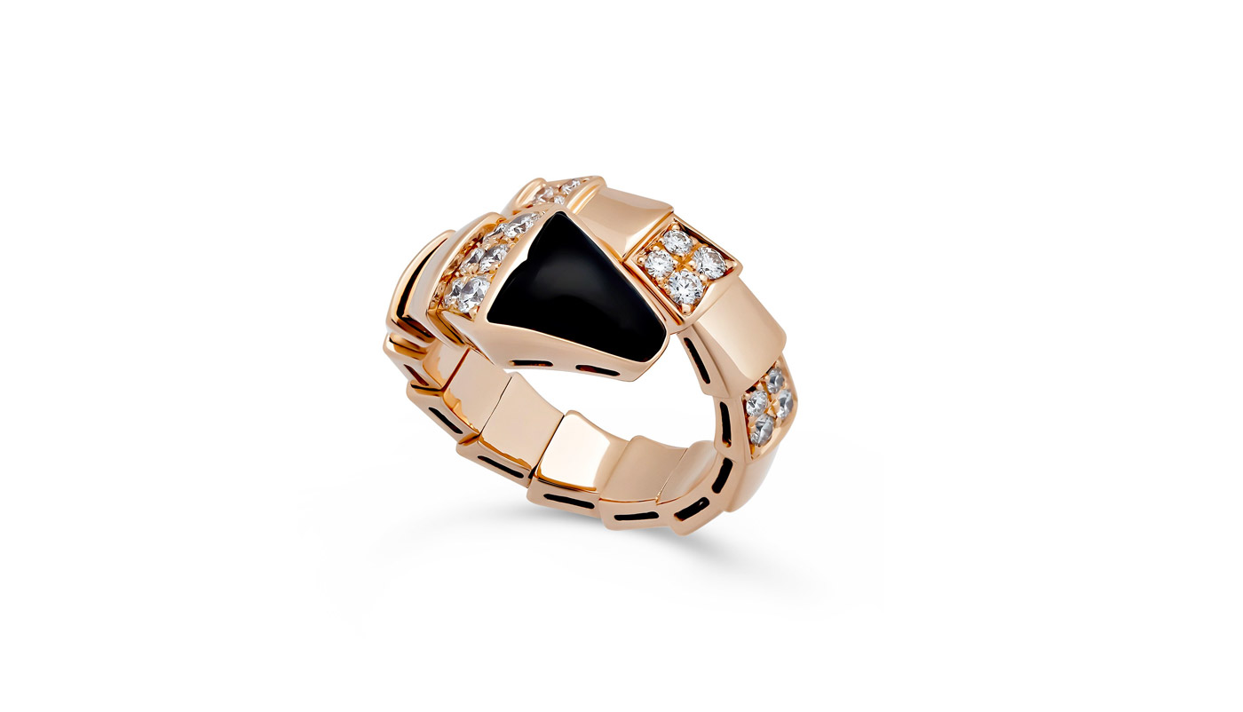 Bvlgari 18K Rose Gold Diamond Onyx Serpenti Ring