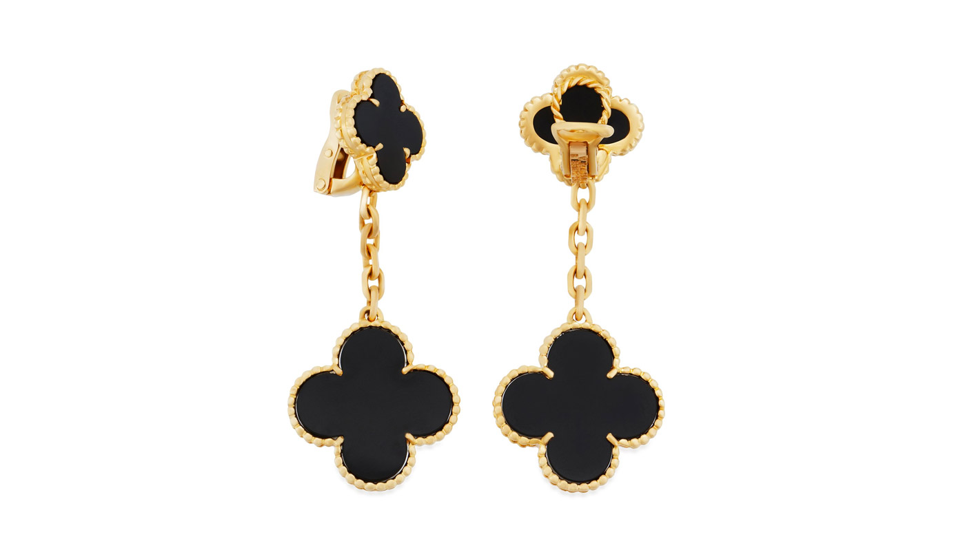  Van Cleef & Arpels 18K Yellow Gold & Black Onyx Alhambra Drop Earrings