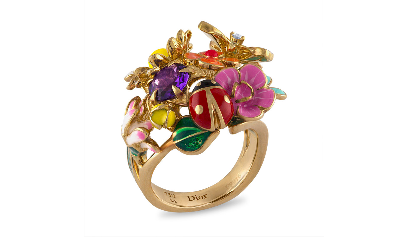  Christian Dior 18K Yellow Good Diorette Medium Model Amethyst & Diamond Flower Ring
