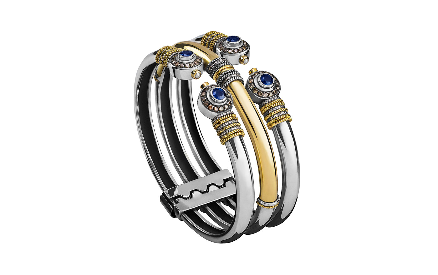  The Stacked Bangle with diamonds and sapphires in yellow gold and silver from Azza Fahmy The Gypsy collection