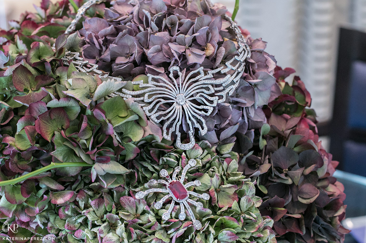 Gübelin ‘Wings of a Dragonfly’ transformable necklace with 10.64ct Burmese ruby and 13 cushion cut diamonds, 43 fancy cut diamonds and 1788 round brilliant cut diamonds totalling 19.49ct 