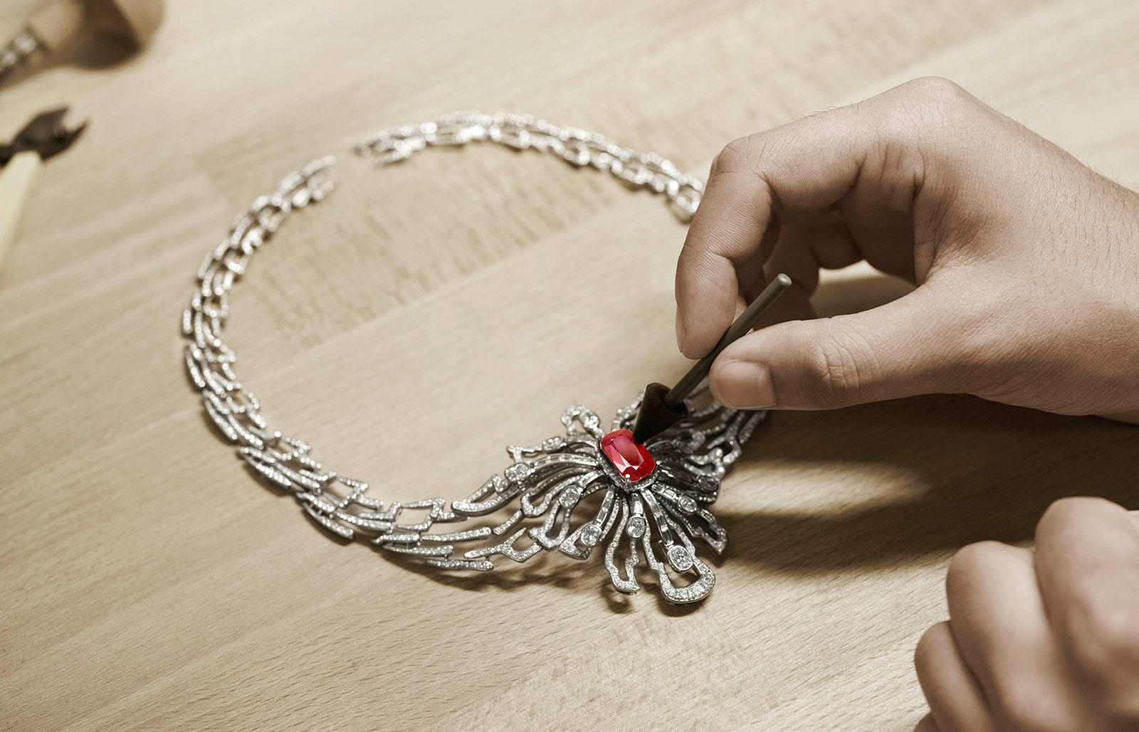  The creation of Gübelin ‘Wings of a Dragonfly’ transformable necklace with 10.64ct Burmese ruby and 13 cushion cut diamonds, 43 fancy cut diamonds and 1788 round brilliant cut diamonds totalling 19.49ct 