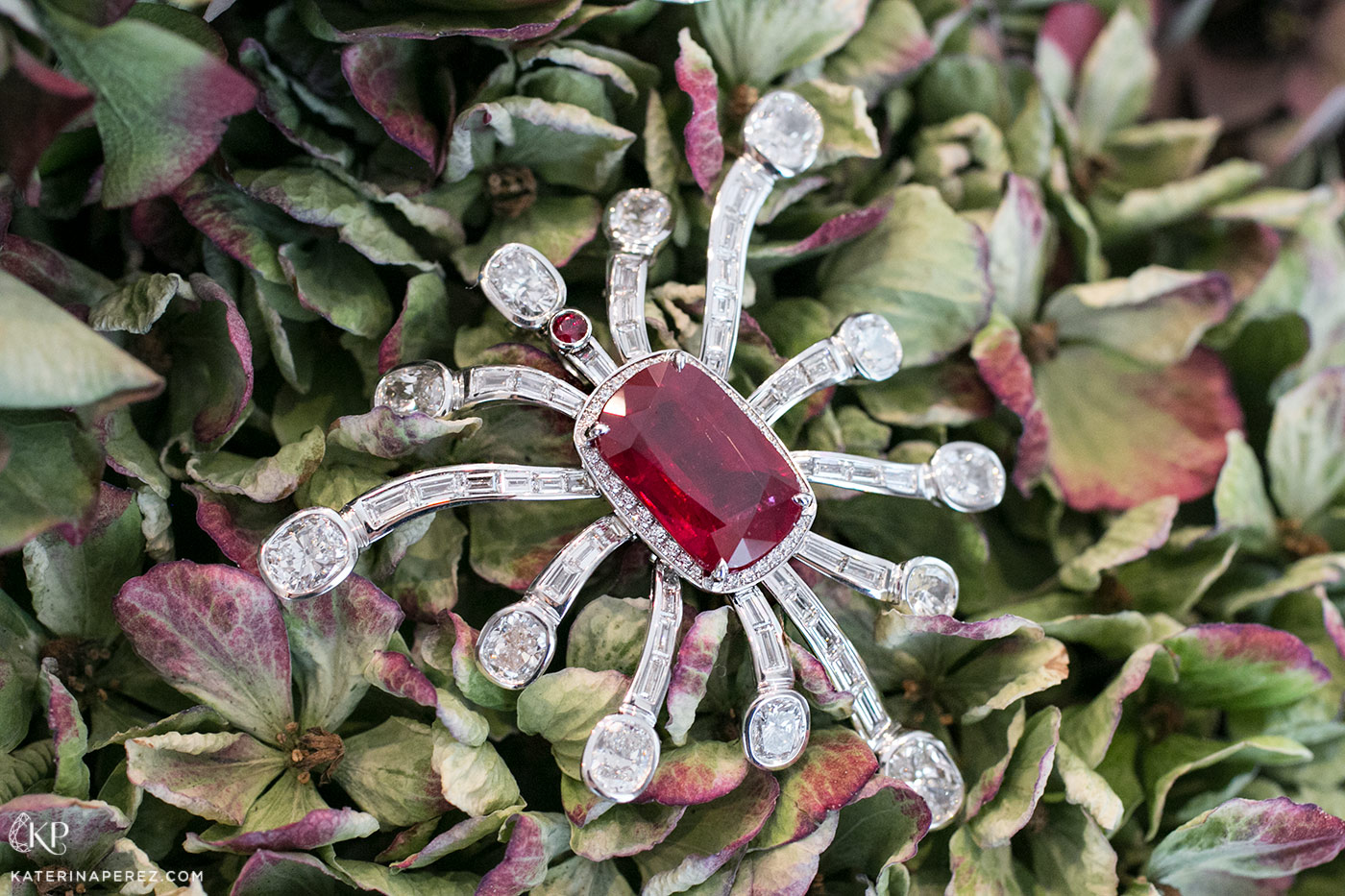 Central element of Gübelin ‘Wings of a Dragonfly’ transformable necklace with 10.64ct Burmese ruby and 13 cushion cut diamonds, 43 fancy cut diamonds and 1788 round brilliant cut diamonds totalling 19.49ct 
