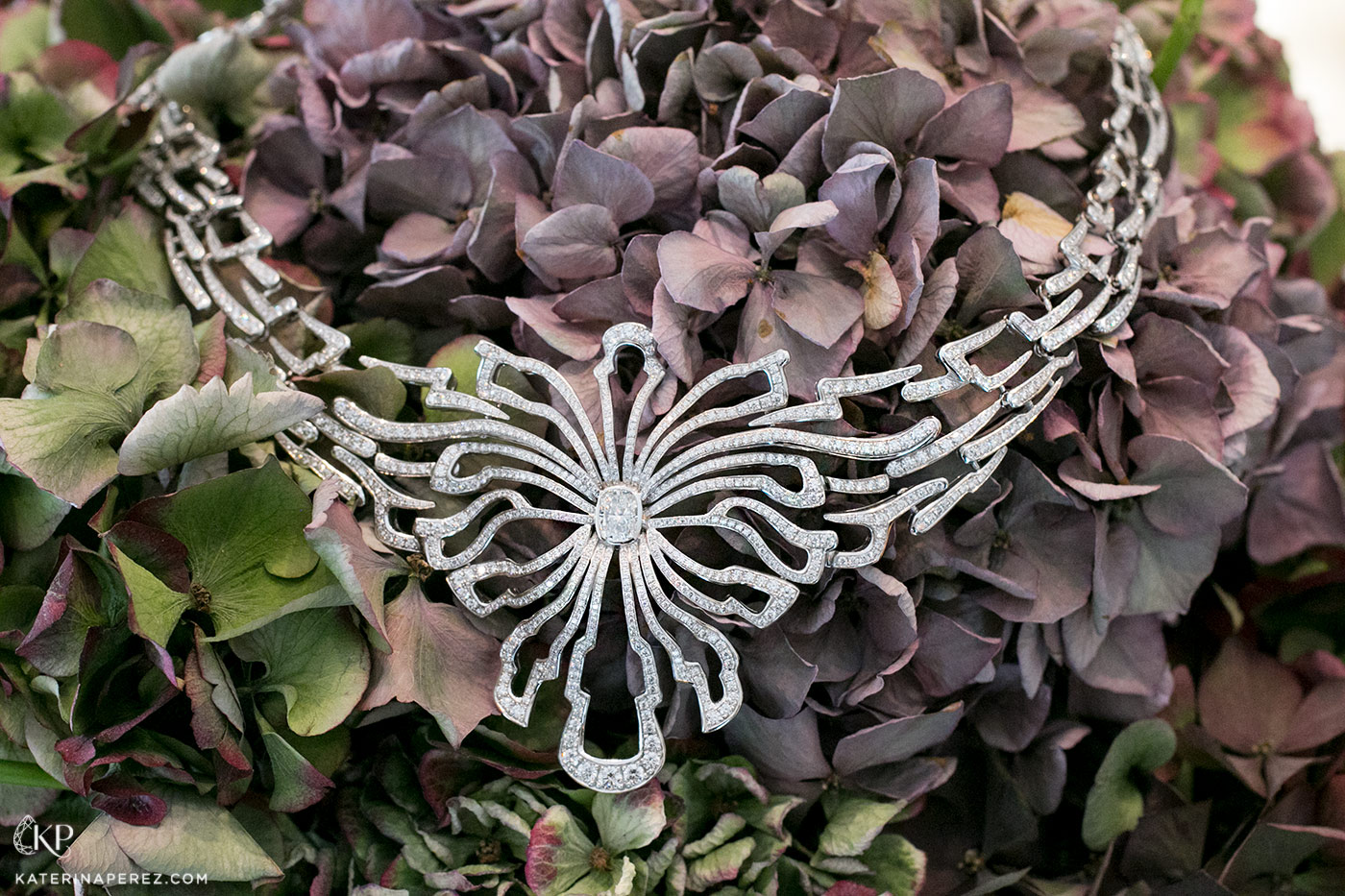  Base of Gübelin ‘Wings of a Dragonfly’ transformable necklace with 10.64ct Burmese ruby and 13 cushion cut diamonds, 43 fancy cut diamonds and 1788 round brilliant cut diamonds totalling 19.49ct 