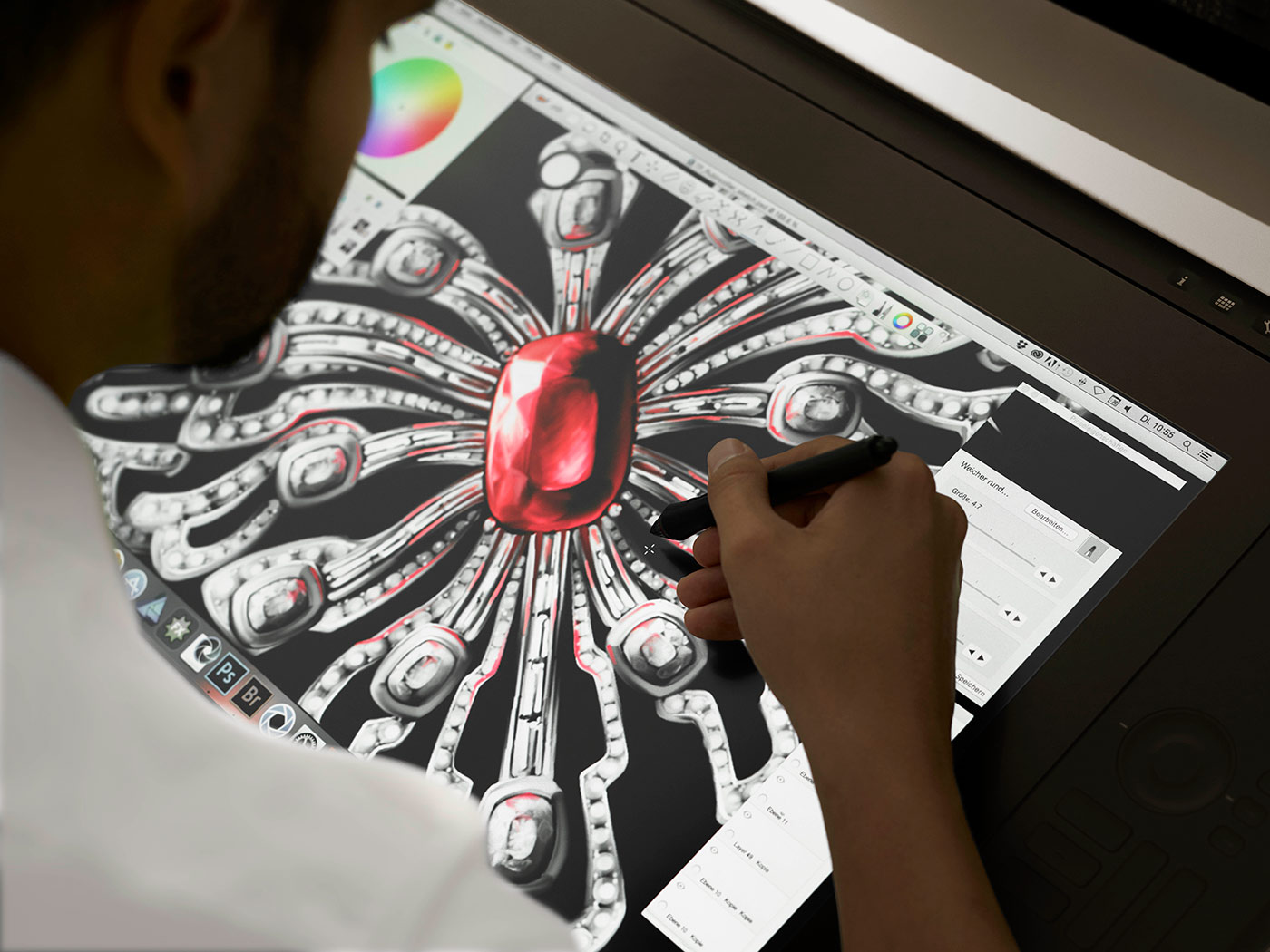 The design process of Gübelin ‘Wings of a Dragonfly’ transformable necklace with 10.64ct Burmese ruby and 13 cushion cut diamonds, 43 fancy cut diamonds and 1788 round brilliant cut diamonds totalling 19.49ct