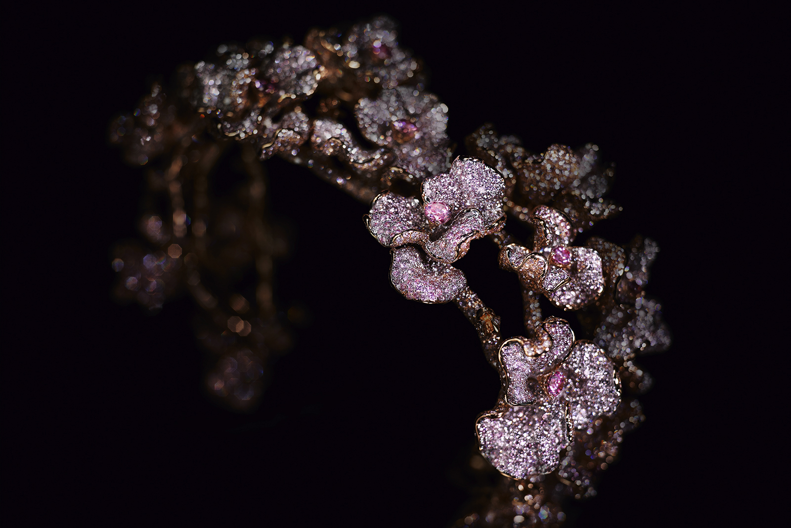  Neha Dani ‘Amaranté’ cuff with 12,000 fancy pink diamonds and 18 certified vivid purplish pink diamonds, totalling 72.83ct