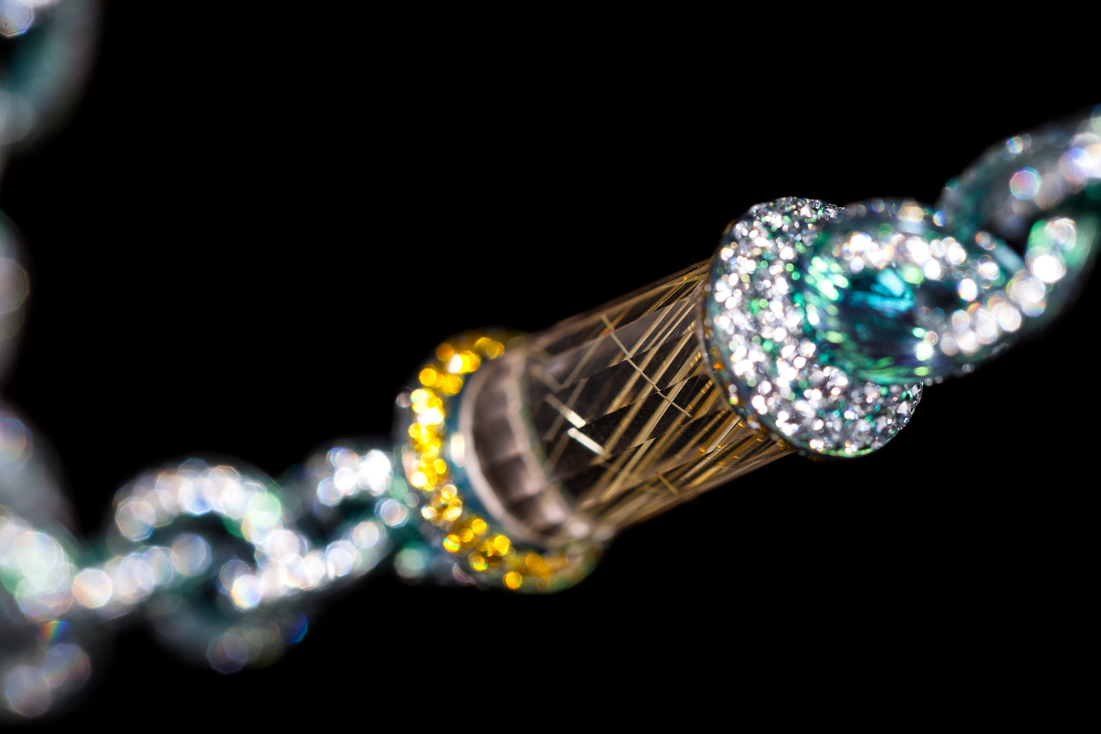  Wallace Chan ‘Secret Abyss’ necklace  with 10.05ct yellow diamond, 1,111 emerald, amethysts, and a 211.74ct rutilated quartz in titanium