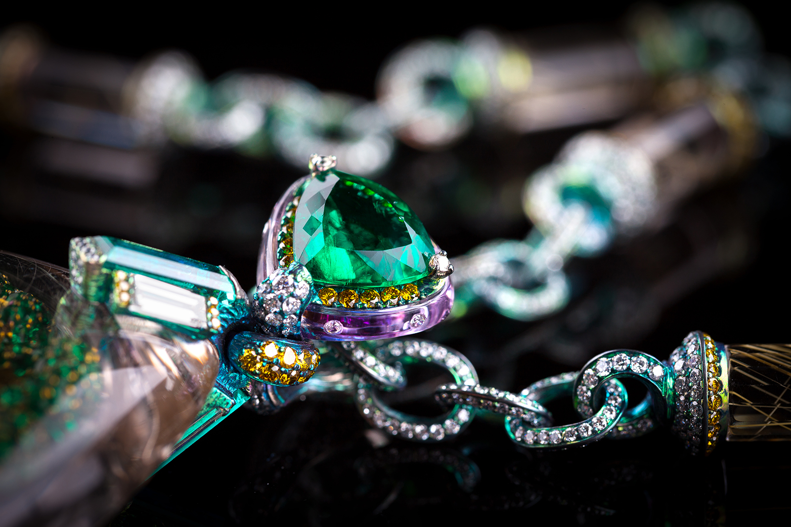  Wallace Chan ‘Secret Abyss’ necklace  with 10.05ct yellow diamond, 1,111 emerald, amethysts, and a 211.74ct rutilated quartz in titanium